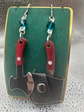 Handmade Witch B*tch Real Mini Ax and Blue/Green Glass Bead Earrings 2